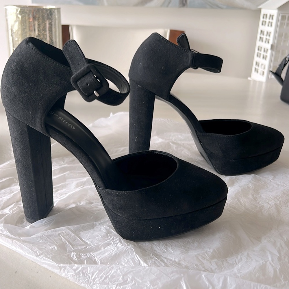Black velvet platform pumps with  side buckle ankle strap